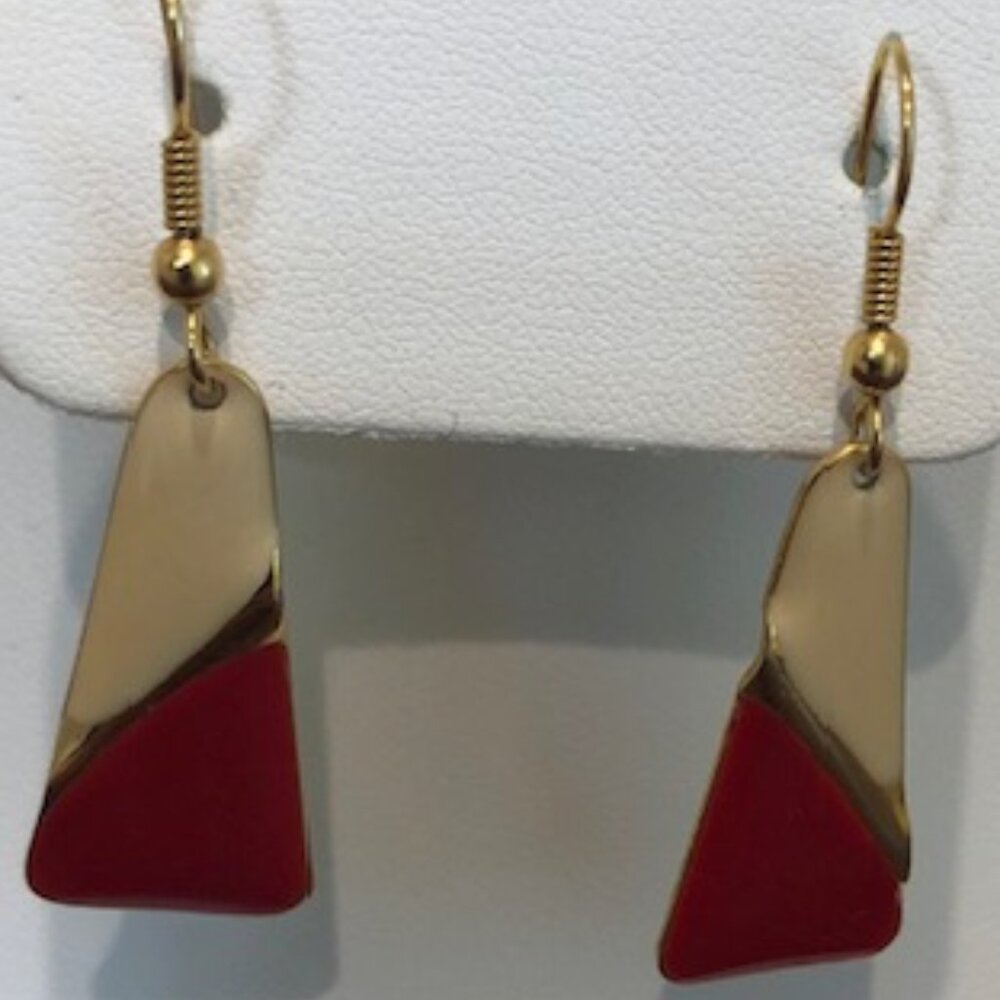 Red Cream Two-Tone Rectangular Dangle Earrings 80… - image 3